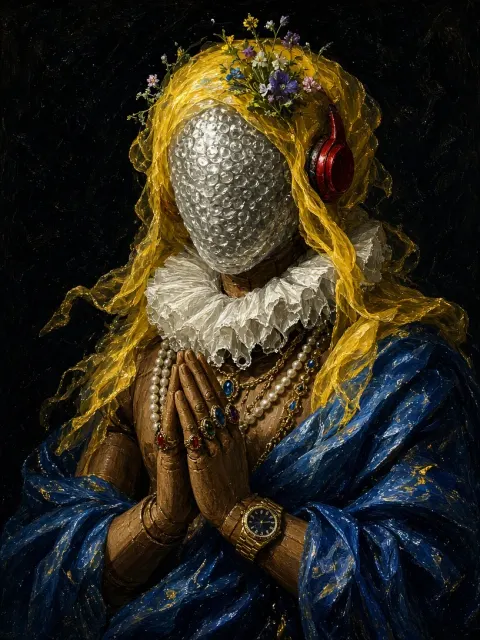 Moody & Dark image example: Vintage Oil Painting Portrait of Puppet with Silk Scarves