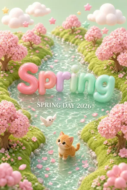 Botanical Art image example: C4D Cartoon Spring River 3D Lettering Landscape