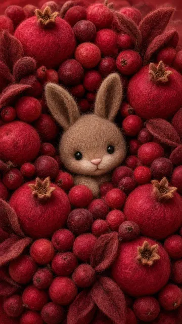 Felt Texture image example: Felted Little Bunny in Red Berry Fruit Pile