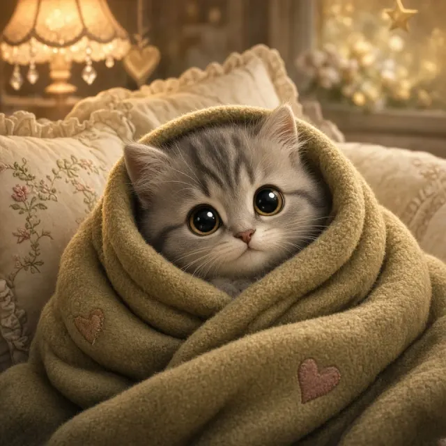 Cozy image example: Fairy Tale Wrapped Gray Kitten Illustration