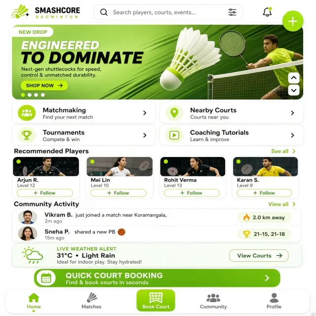 Logo Emblem image example: Vibrant Green Badminton Mobile App UI Concept