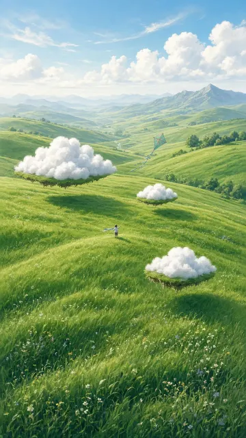 Panoramic Wide Angle image example: Wide Angle Meadow Kite Flying Healing Scene