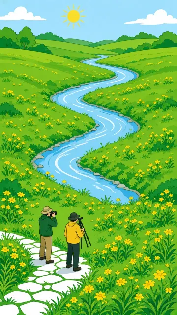 Flat Vector Summer Meadow and Winding Stream