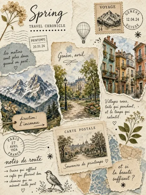 Hand-Drawn Spring Travel Story Collage Illustration