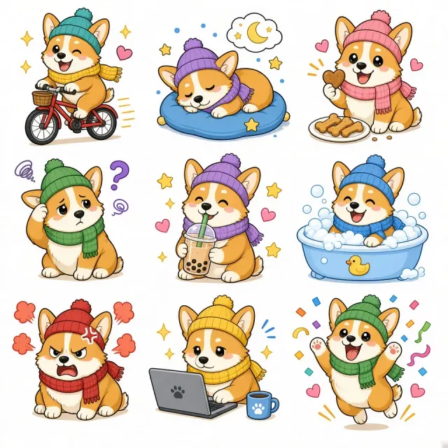 Sticker Pack image example: Chibi Corgi Nine-Grid Emoji Sticker Pack