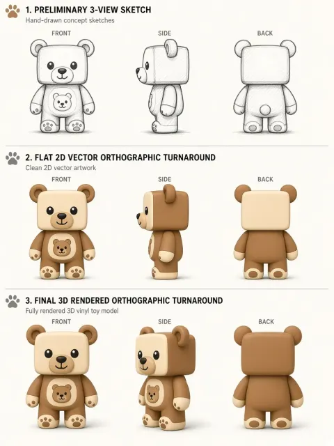 Chibi Mascot image example: Square-Headed Bear Character in 3D Blind Box Style