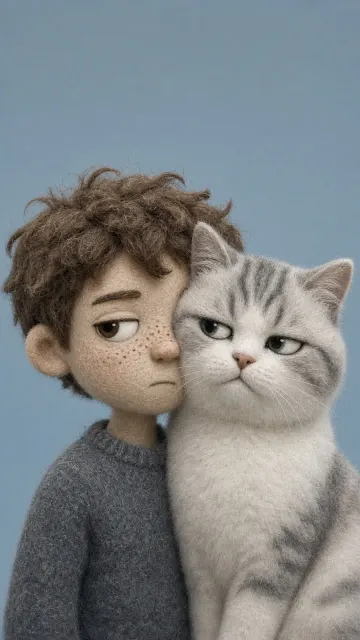 Needle-Felted Boy and British Shorthair Cat Illustration