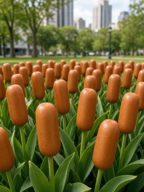 Floral Landscape image example: Surreal Tulip Field Replaced with Street Sausages