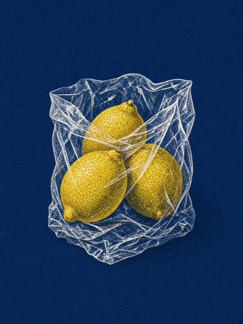 Minimalist Stippling Illustration of Lemons in a Plastic Bag