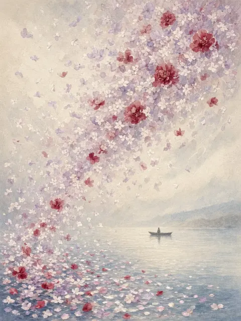 Impasto image example: Ethereal Floral Rain over Lake Fine Art Illustration