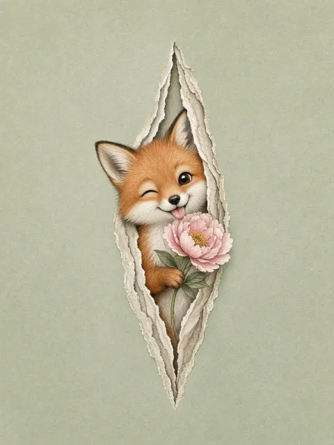 Healing Picture Book Illustration of Little Fox with Flower