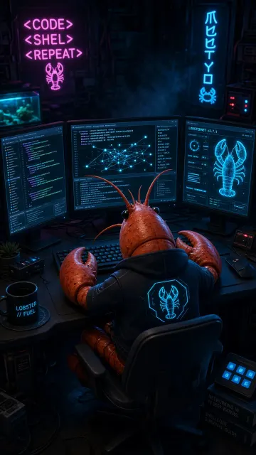 UI Design image example: Cyberpunk Cartoon Lobster Office Scene
