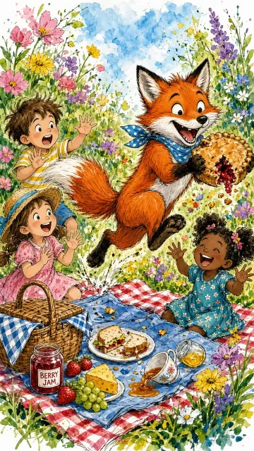 Dynamic Movement image example: Whimsical Storybook Fox Crashing a Picnic Illustration