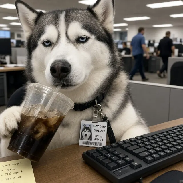 Food & Drink image example: Husky Selfie Candid in Corporate Office