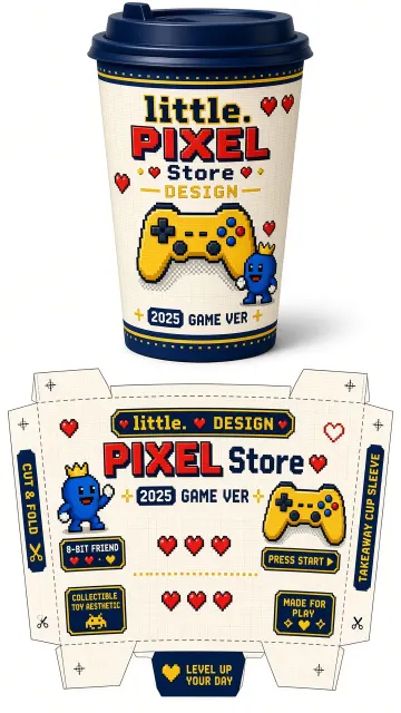 Graphic Layout image example: Retro Pixel Arcade Coffee Paper Cup Design