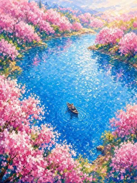 Fine Art image example: Impressionist Cherry Blossom Lake Boating Illustration