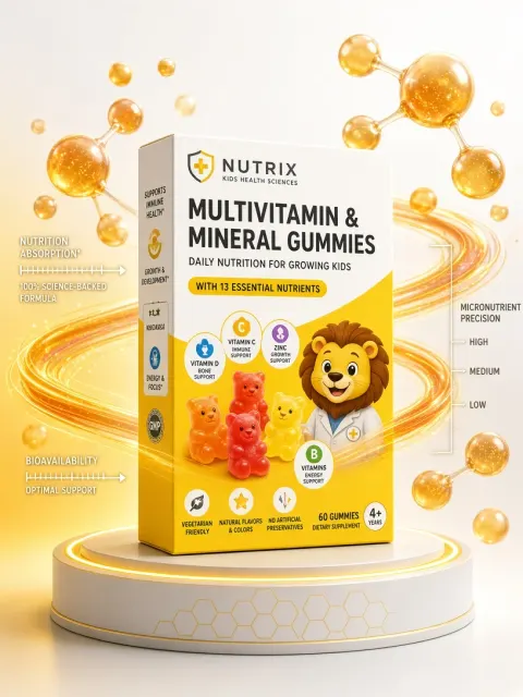 Commercial Poster image example: 3D Tech Style Kids Vitamin Product Poster