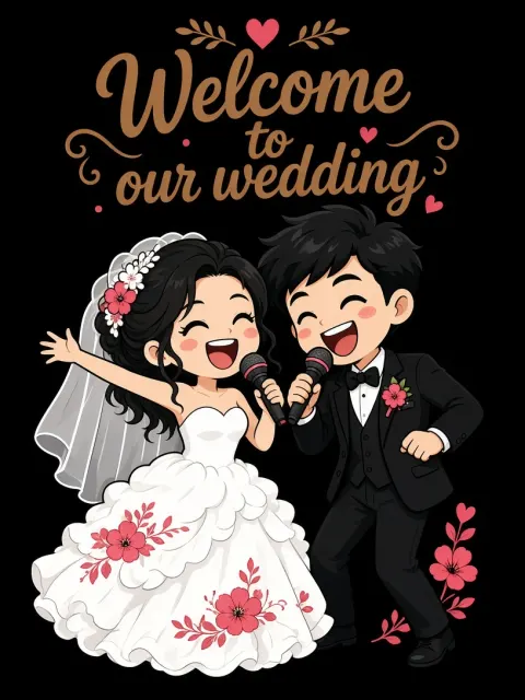 Chibi Cartoon Illustration of Joyful Newlywed Couple