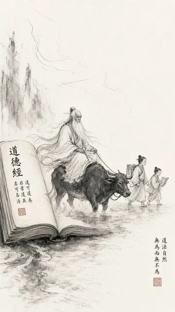 Line Art Sketch image example: Minimalist Ink Sketch of Laozi Riding an Ox from the Tao Te Ching