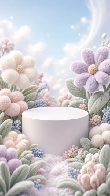 Plush Fabric image example: Plush Fabric Botanical Podium Product Stage Backdrop
