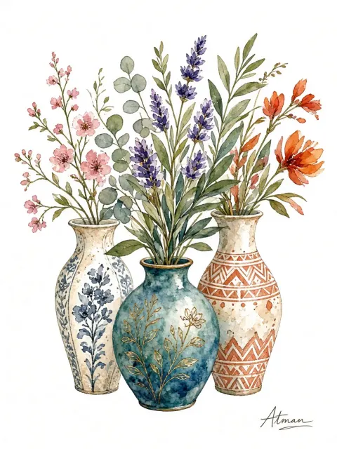 Watercolor Botanical Floral and Vase Illustration