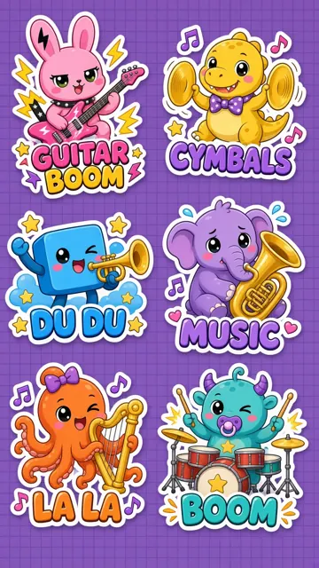 High Saturation image example: Six Cute Music-Themed Cartoon Character Stickers