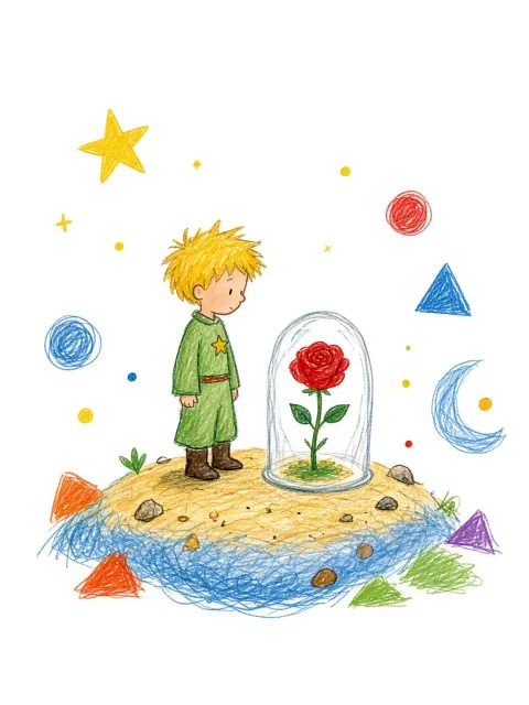 Geometric Shapes image example: Geometric Whimsical Little Prince and Rose Illustration