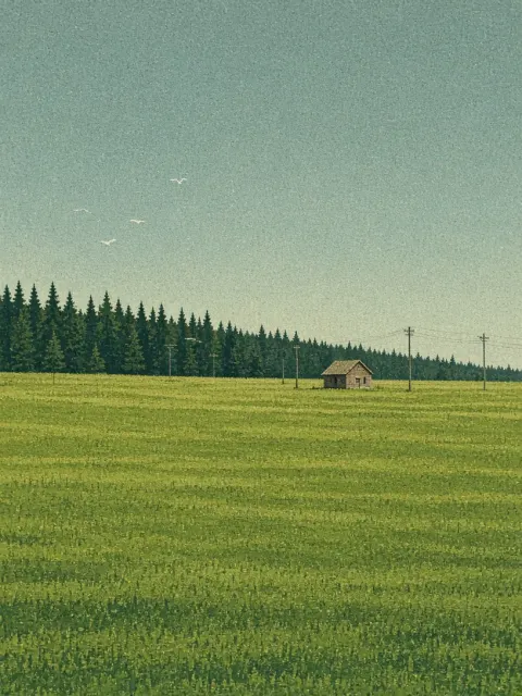 Minimalist Landscape image example: Screen Print Meadow and Wooden Cabin Landscape
