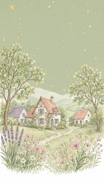 Folk Art image example: Color Line Drawing of Rural Hamlet and Botanicals