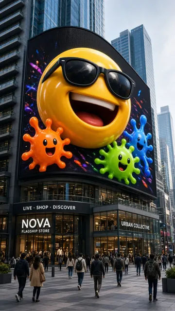 Commercial Poster image example: Naked Eye 3D LED Smiley Face Urban Billboard