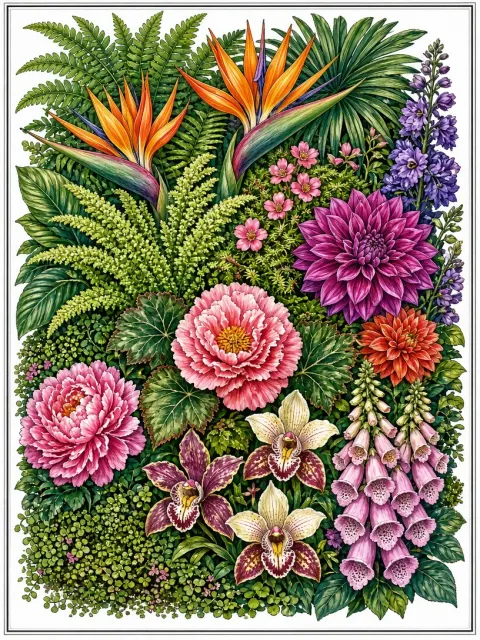 Top Down View image example: Overhead Botanical Pen and Watercolor Tapestry