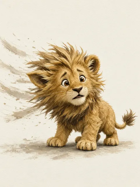 Windblown Scruffy Lion Cub Whimsical Art