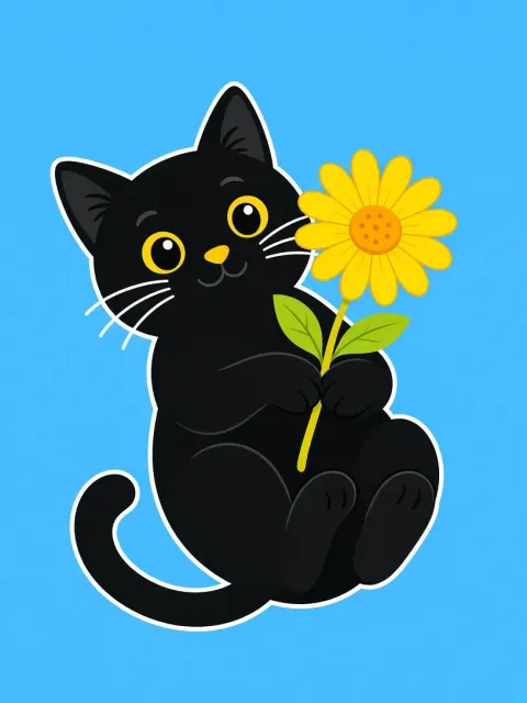 Vector Art image example: Flat Vector Black Cat Holding a Flower