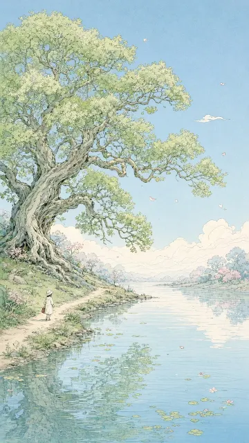 Healing Art image example: Minimalist Whimsical Riverside Forest Illustration