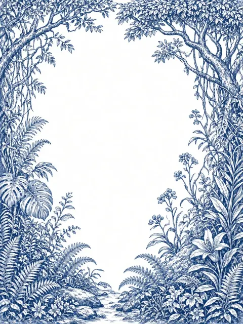 Engraving image example: Blue and White Pen-and-Ink Wild Jungle Illustration