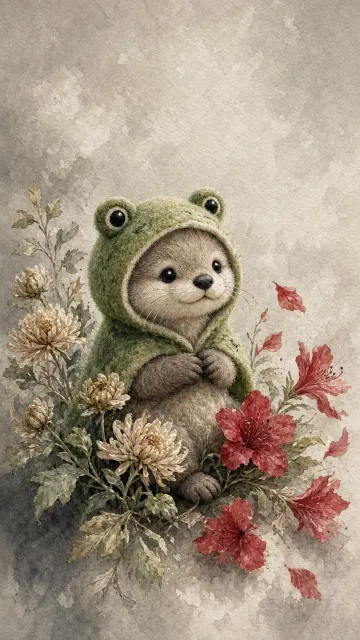 Felt Art image example: Felt Art and Watercolor Otter in Frog Hood