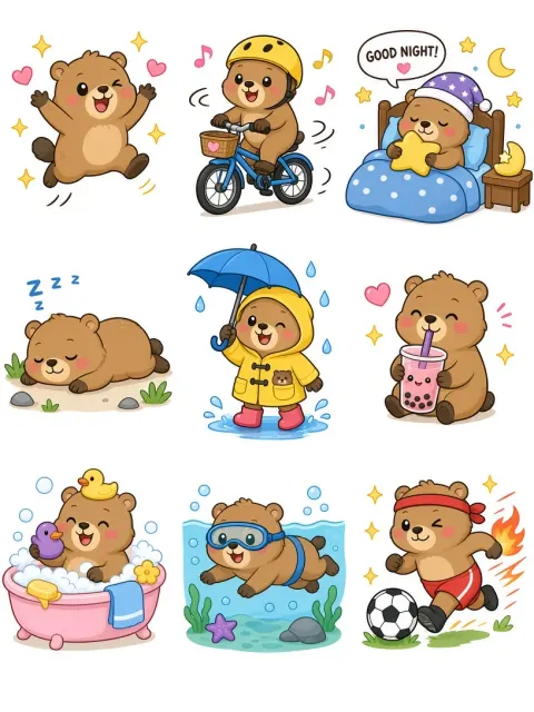 Vector Illustration image example: Chibi Groundhog Daily Routine Sticker Sheet