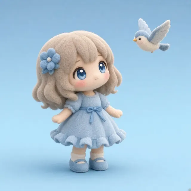 Anime Girl image example: Chibi Cotton Textured Figurine Girl in Blue Dress
