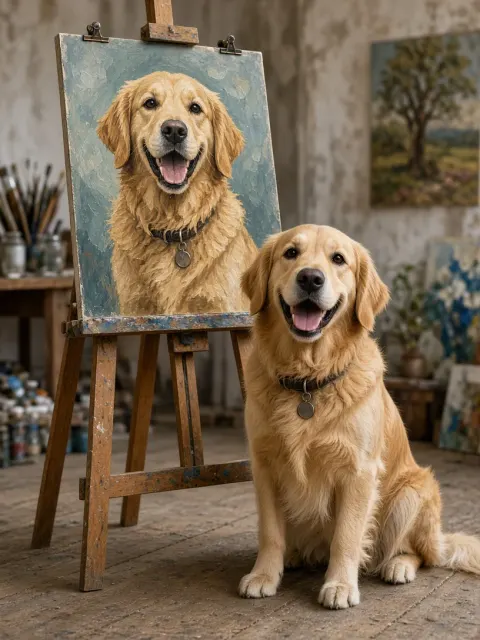 Creative Pet Portrait Posing in Front of Easel Painting