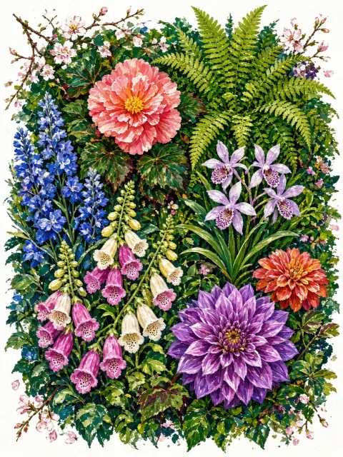 Acrylic Flat Lay Illustration of Lush Botanical Garden