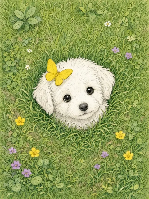 Whimsical Art image example: Children's Picture Book White Puppy with Butterfly