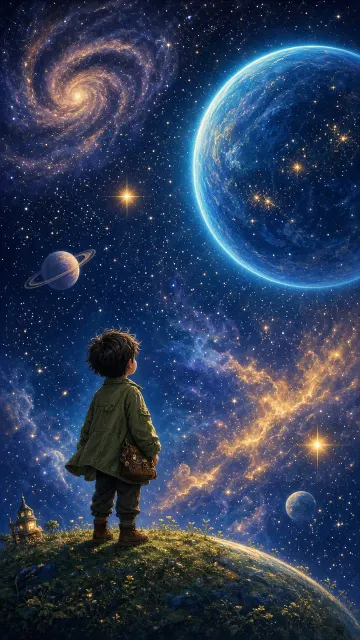 Anime Boy Stargazing Cosmic Fantasy Illustration
