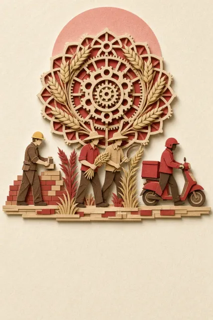Layered Paper Cut Silhouette Workers Poster