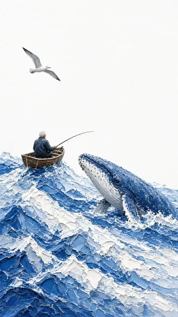 Warm & Healing image example: Impasto Oil Painting Miniature Whale Fishing Art