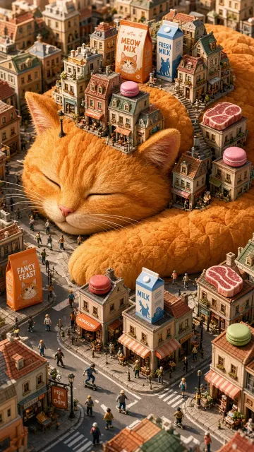 Giant Orange Cat Miniature City Fantasy Illustration