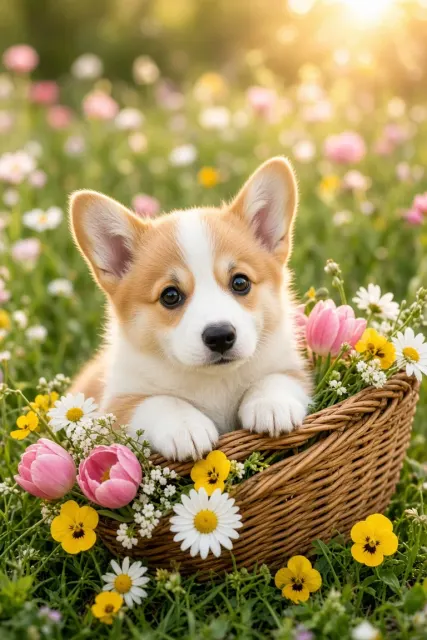 pet photography image example: Spring Meadow Corgi Puppy Healing Pet Photography