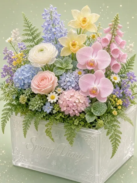Pastel Art image example: Cute Glass Gift Box Spring Floral 3D Illustration