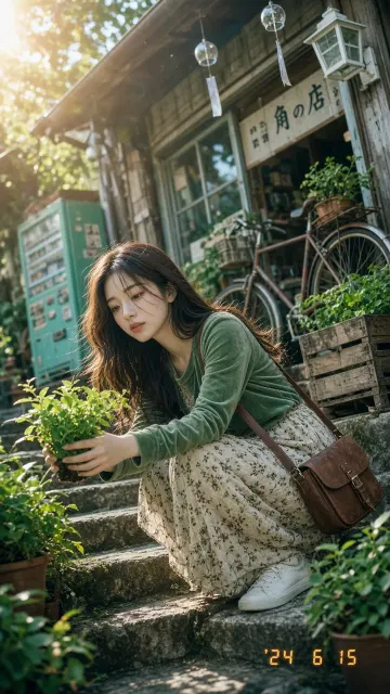 Film Grain image example: Mori Girl Greenery Cinematic Portrait Photography