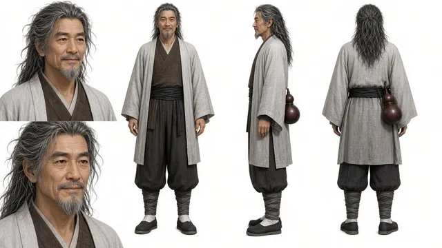 Character Turnaround image example: Realistic 3D Donghua Immortal Swordsman Orthographic Four-View Model Sheet