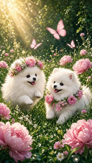 Floral image example: White Pomeranians in Peony Meadow Illustration